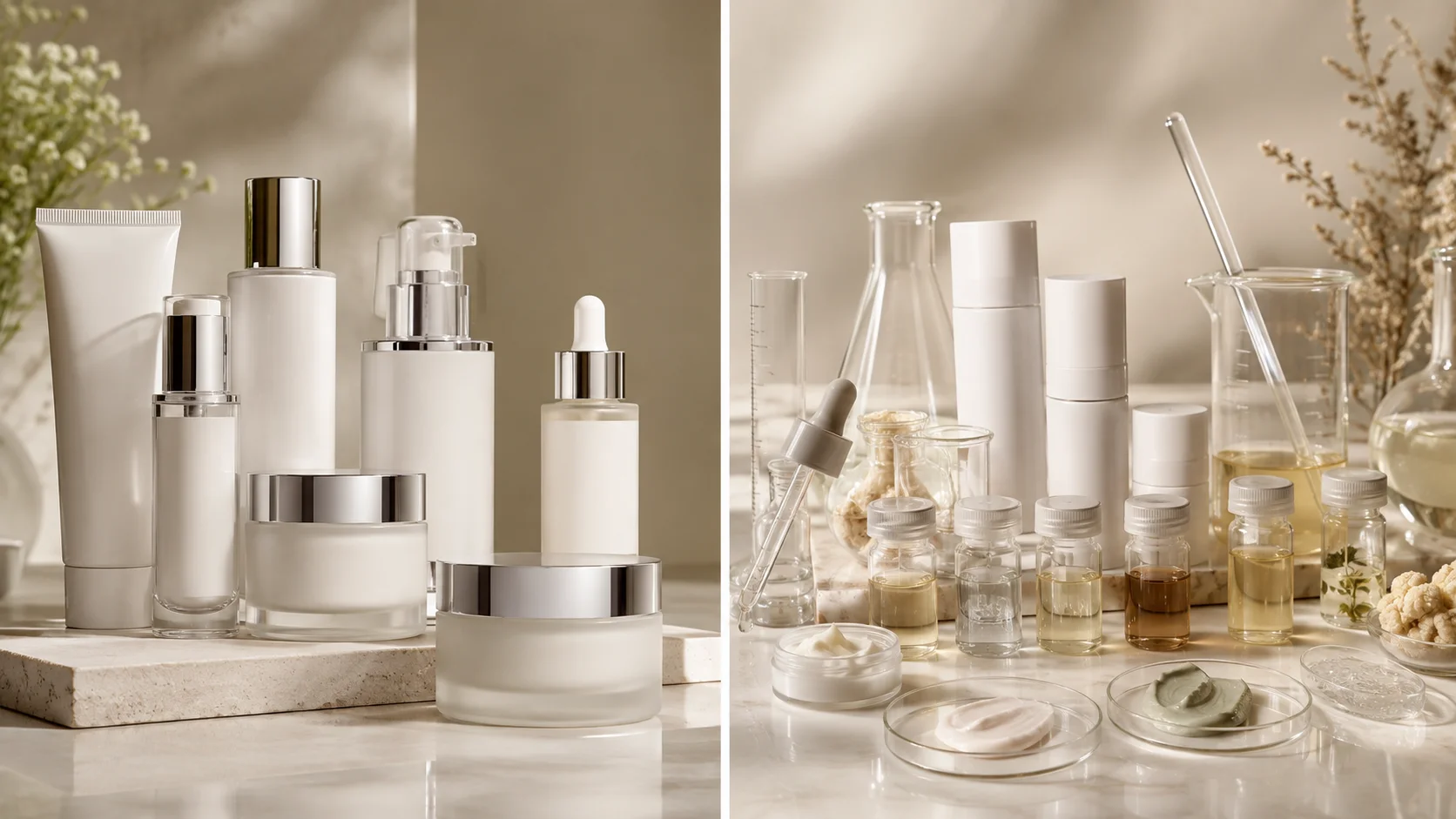 A collection of skincare products with minimal white packaging alongside laboratory equipment, ingredients, and formulations on a marble surface.